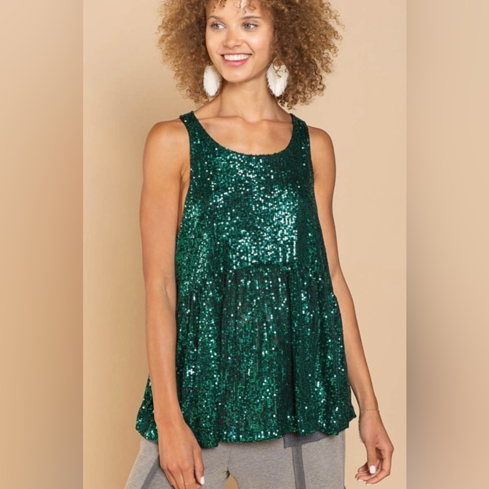 POL Green Sequin Babydoll Tank Top